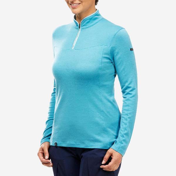 Merino shirt voor trekking dames mt500 lange mouwen rits aan de hals