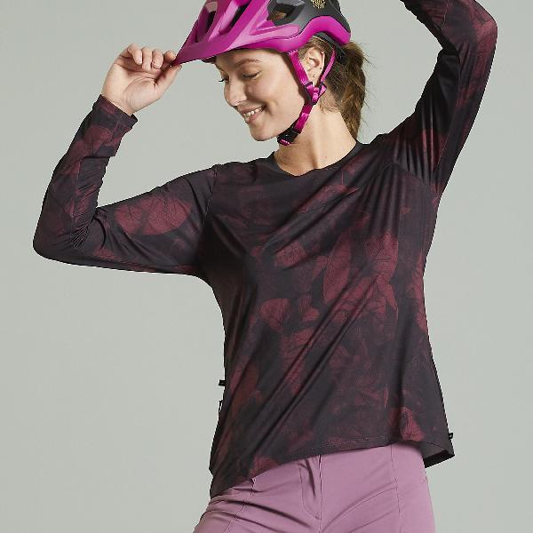 Mtb-shirt met lange mouwen voor dames st 500 zwart/bordeaux