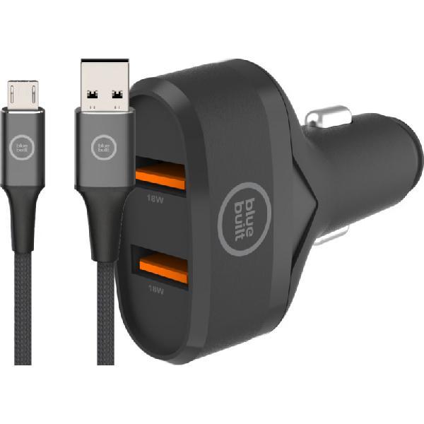 BlueBuilt Quick Charge Autolader 18W Zwart + Micro Usb Kabel 1,5m Nylon Zwart