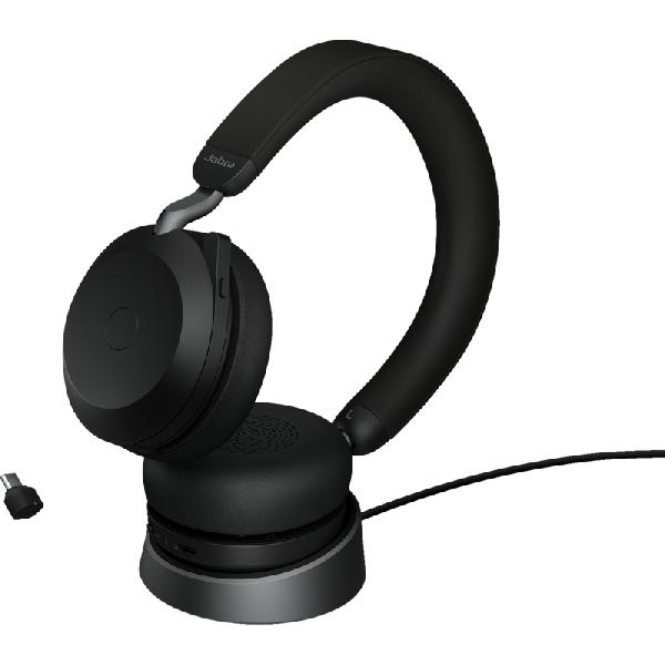 Jabra Evolve2 75 USB C Draadloze Office Headset met oplaadstandaard Zwart