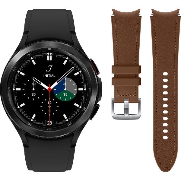 Samsung Galaxy Watch4 Classic 46 mm Zwart + Samsung Leren Bandje Bruin M/L 20mm