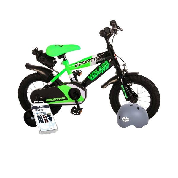 Volare Kinderfiets Sportivo - 12 inch - Groen/Zwart - Inclusief fietshelm + accessoires