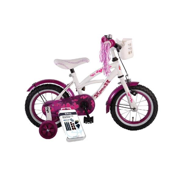 Volare Kinderfiets Heart Cruiser - 12 inch - Wit/Paars - Inclusief WAYS Bandenplakset