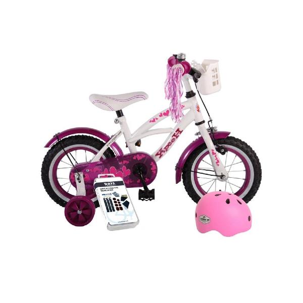 Volare Kinderfiets Heart Cruiser - 12 inch - Wit/Paars - Met fietshelm & accessoires