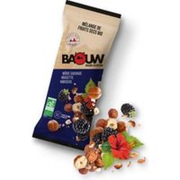 baouw biologische gedroogde fruitmix wilde braam hazelnoot hibiscus 30g