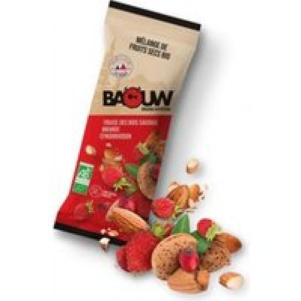 baouw biologische gedroogde fruitmix aardbei amandel roosbes 30g