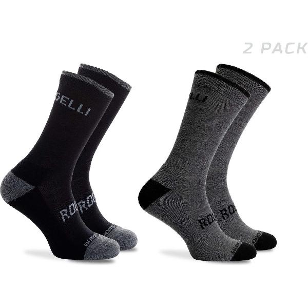 Rogelli Fietssokken Heren en Dames 2-pack - Wielrensokken Merino Wol - Zwart en Grijs - 18-22cm Hoog - Maat 44-47