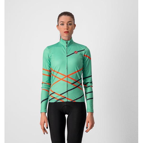 Castelli Fietsshirt lange mouwen Dames Groen Roze - DIAGONAL JERSEY FZ JADE GREEN BRILLIANT PINK DARK - XL