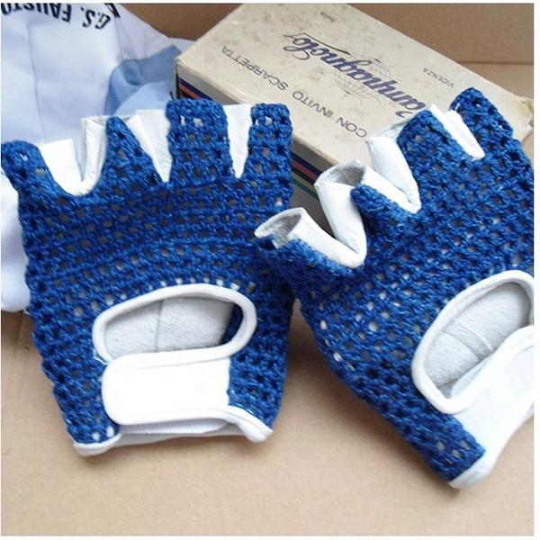 Retro Cycling fietshandschoenen zomer Blauw - Vintage style leather Cycling gloves-S