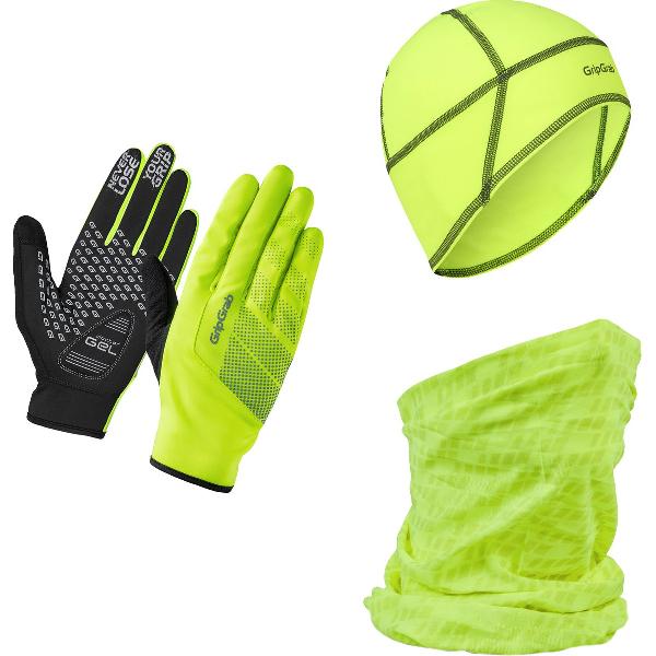 GripGrab - Hi-Vis Cycling Essentials Geschenkdoos Fietshandschoenen Helmmuts Nek Warmer - Geel Hi-Vis - Unisex - Maat S