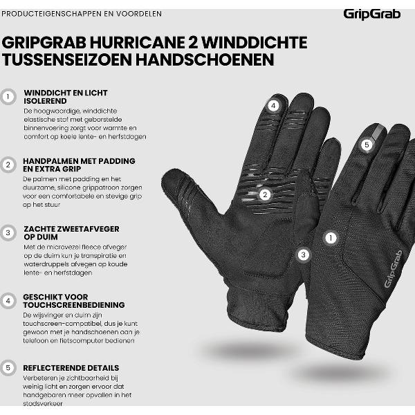 GripGrab - Hurricane 2 Winddichte Lente Herfst Fietshandschoenen Lange Vinger met Padding - Zwart - Unisex - Maat L